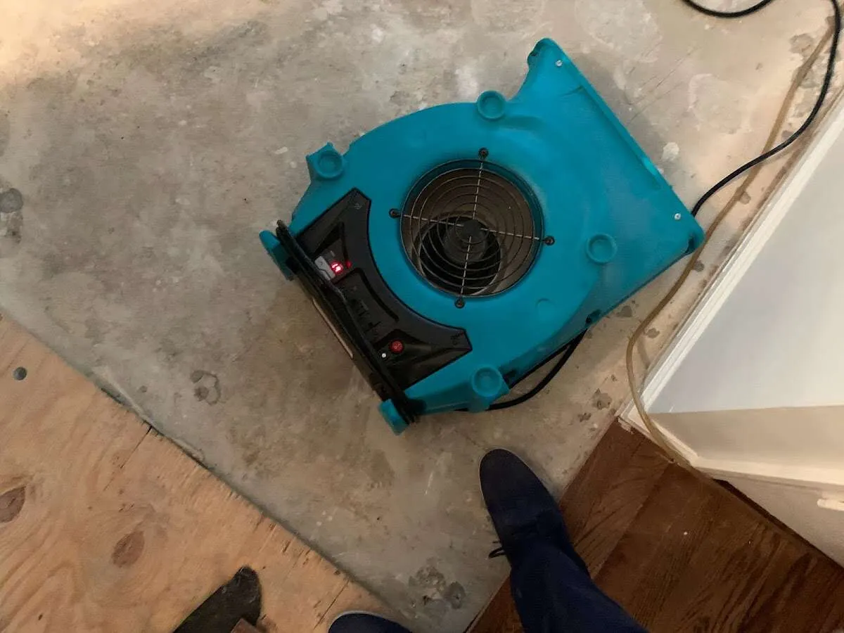 Air mover drying subfloor during Leak Detection & Repair in Irving
